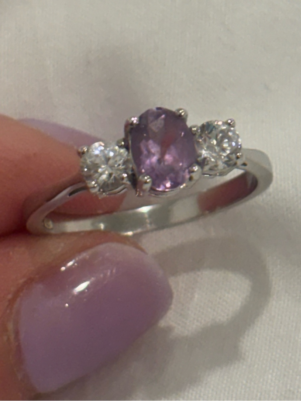 925 Sterling Silver Purple Gemstone 3 Stone Ring Size 8 Oval Cut 2.7g